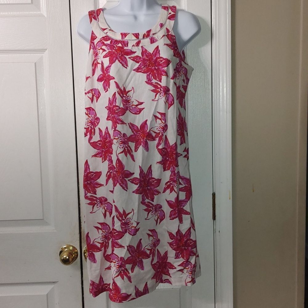 Charlie Paige white  pink floral linen blend sleeveless cruise party dress Sz S